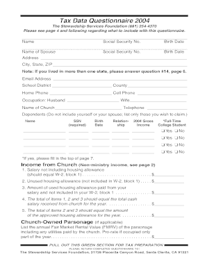 Tax Data Questionnaire 2004
