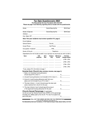 Tax Data Questionnaire 2003
