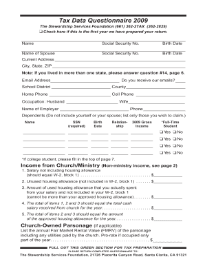 Tax Data Questionnaire 2009
