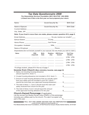 Tax Data Questionnaire 2008