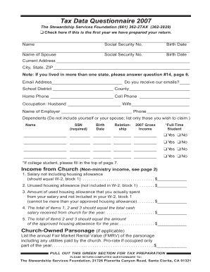 Tax Data Questionnaire 2007