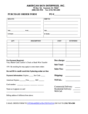 American Bath Enterprises Purchase Order Form
