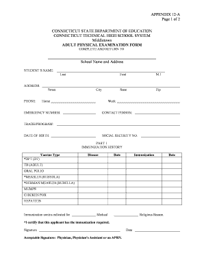 Connecticut Adult Physical Examination Form