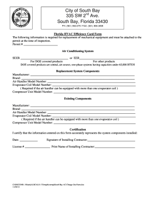 Florida HVAC Efficiency Card Form