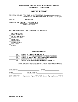 Thank you letter to tax clients - VETERANS OF FOREIGN WARS OF THE UNITED STATES DEPARTMENT OF VIRGINIA SAFETY REPORT REPORTING PERIODS: FIRST HALF MAY 1 TO OCTOBER 31 (Deadline to report November 15) SECOND HALF NOVEMBER 1 TO APRIL 30 (Deadline to report May 11) POST NO - -