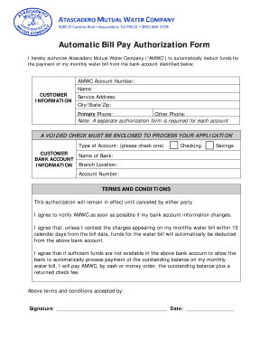 Atascadero Mutual Water Company Automatic Bill Pay Authorization Form