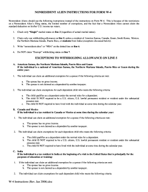 Nonresident Alien Instructions for Form W-4