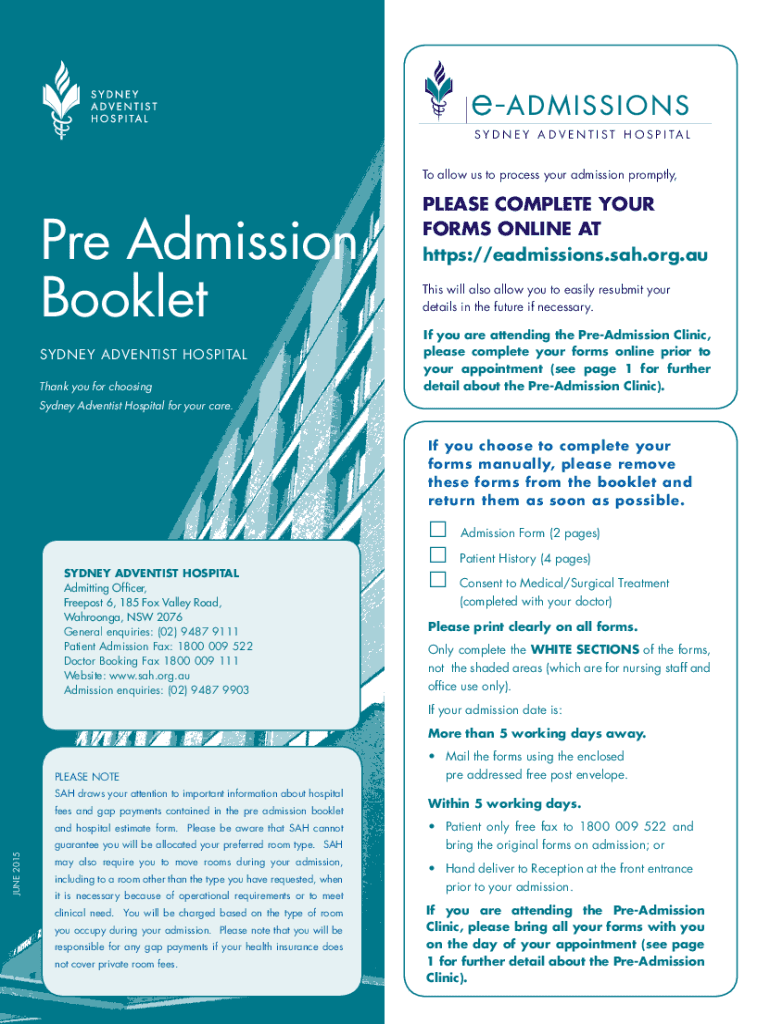 Pre Admission Booklet Preview on Page 1