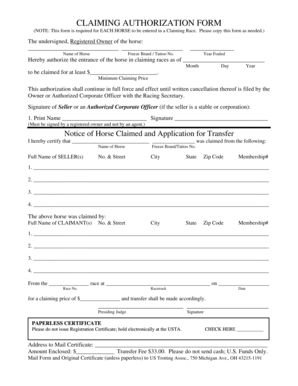 Horse Claiming Authorization Form