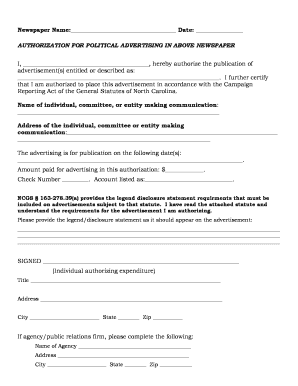 North Carolina Political Advertising Authorization Form