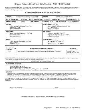 Shipper Provided Short Form Bill of Lading
