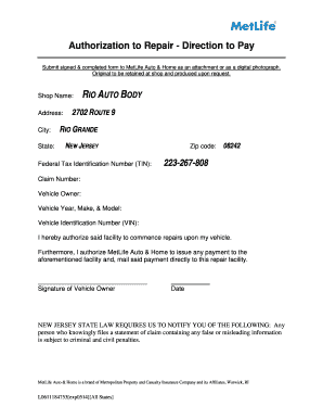 Authorization to Repair - Direction to Pay