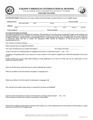 English Teacher Recommendation Form - TCIS