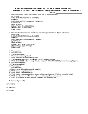 Cells Photosynthesis Cellular Respiration Test