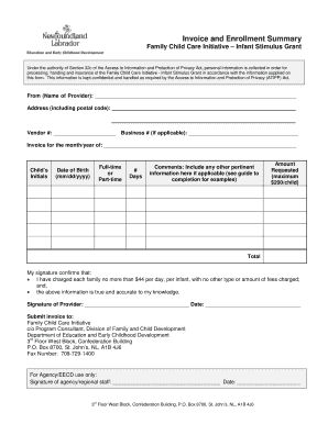 Invoice and Enrollment Summary for Infant Stimulus Grant