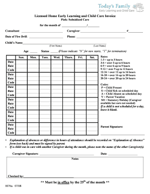 Licensed Home Early Learning and Child Care Invoice