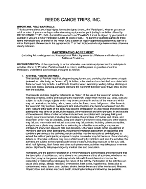 Reeds Canoe Trips Participation Agreement