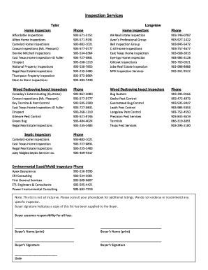 Real Estate Inspection Services List