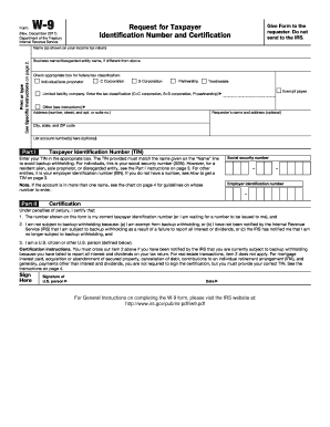 IRS Form W-9 Request for Taxpayer Identification Number and Certification