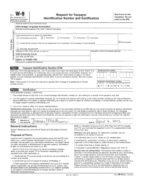 Form W-9 Request for Taxpayer Identification Number and Certification
