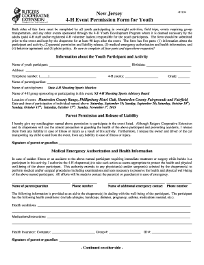 New Jersey 4H104 4-H Event Permission Form for Youth