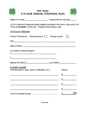 New Jersey 4-H Club Annual Financial Plan