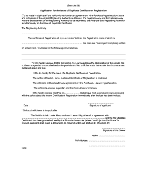 Application for Duplicate Vehicle Registration Certificate