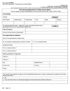Provisional Patent Application Cover Sheet