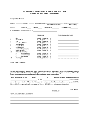 Alabama Independent School Association Physical Exam Form