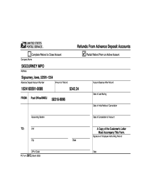 USPS Refund From Advance Deposit Account Form