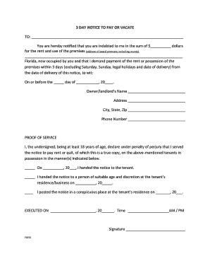 Wisconsin eviction notice - 3 bDAYb bNOTICEb TO PAY OR VACATE - eviction bnoticeb bFloridab