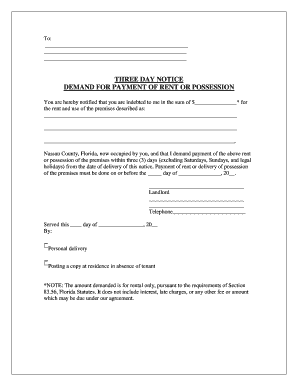 Three Day Notice for Rent Payment or Possession