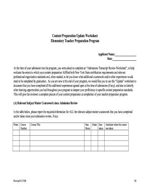 Elementary Teacher Content Preparation Update Worksheet