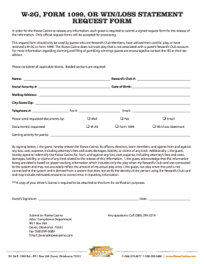 Kiowa Casino W-2G Form 1099 Request