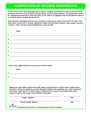 Camper Pick-Up Release Form