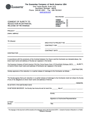 Consent of Surety to Reduction in Retainage