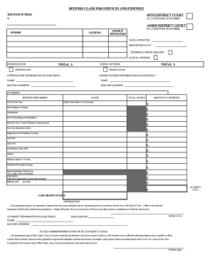 Texas Defense Claim for Services and Expenses