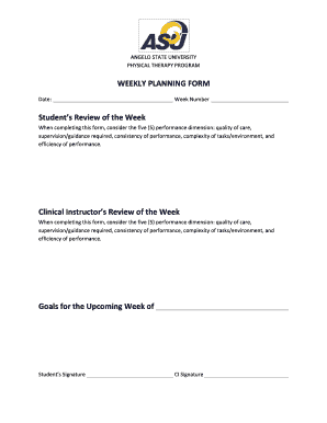 Physical Therapy Weekly Planning Form