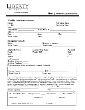 Liberty University Weekly Member Registration Form
