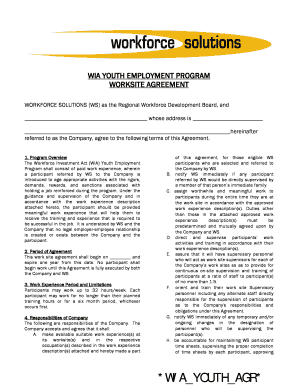 WIA Youth Employment Program Worksite Agreement