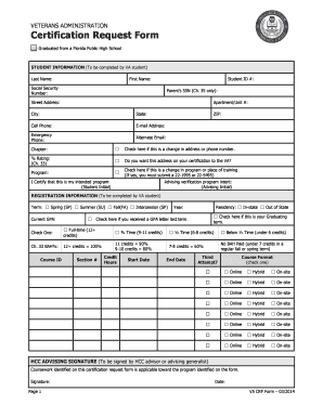Veterans Administration Certification Request Form