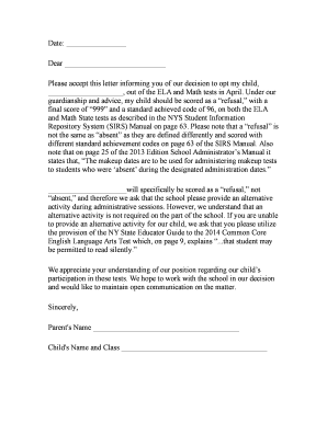New York State Test Refusal Letter