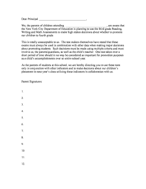 Parent Letter Against High-Stakes Third Grade Assessments