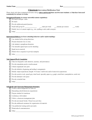 Classroom Interventions and Modifications Form