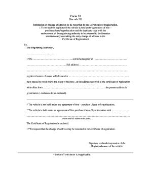 Form 33 - Change of Address for Vehicle Registration