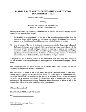 Variable Rate Mortgage Negative Amortization Endorsement