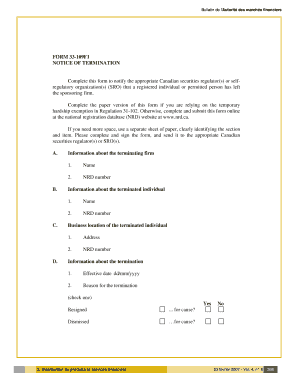 FORM 33-109F1 AVIS DE RÉSILIATION