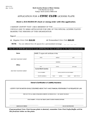 North Carolina Civic Club License Plate Application