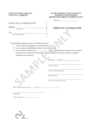 North Carolina Adult Name Change Affidavit of Character