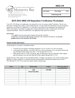 2015-2016 DREAM Dependent Verification Worksheet